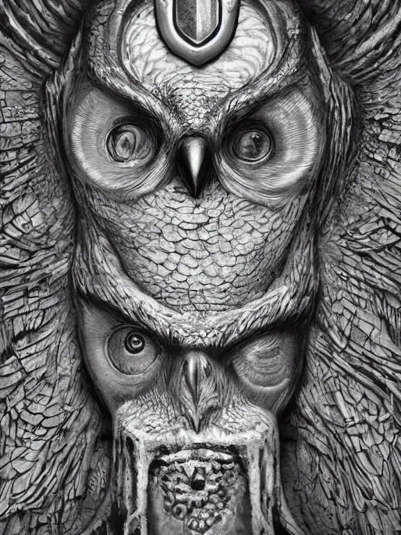 Image similar to a beautiful hyper realistic detailed matte painting showing an old totem of the old owl, a strange and oppressing statue who seems to intensely watch you, dramatic lighting, dynamic lighting, cinematic lighting, by maurits cornelis escher and howard phillips lovecraft, black and white, featured on artstation