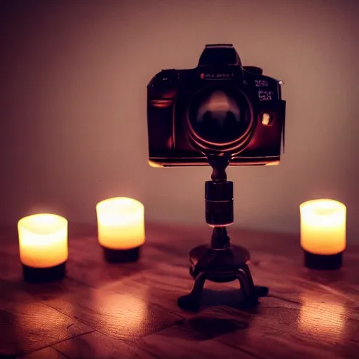 Prompt: dslr, candle that is lit on a table, in a candle holder, in a dark room, eerie glow, extreme quality, real photo, real camera, moody lighting, 8 k