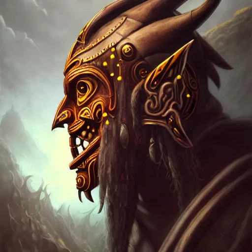 Image similar to side profile of barong family member, wiwek, mara demon, one single tribe member, jungle, one single mask, dark, ancient viking warrior, ninja, tribal, inner glow, paint by peter mohrbacher