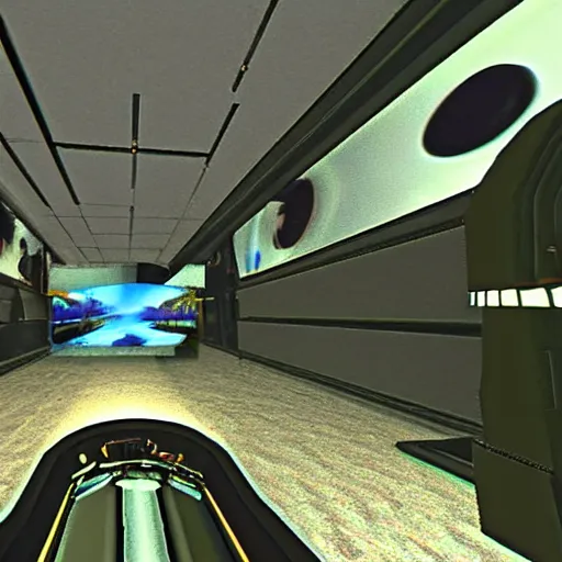 Prompt: First person view from within a VR headset. Through the lens camera shot. Camera view taking a photo of a virtual reality headset lens. Perspective looking at a lense with a display being shown. \'Halo: Combat Evolved Remastered Edition\'