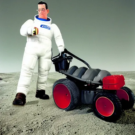 Image similar to photo realistic Hank hill wearing a full suit of armor riding a lawnmower on the moon, Kodachrome photo