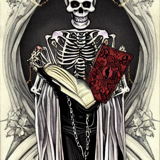 Image similar to A dark art nouveau painting of a skeleton sorcerer holding a big grimoire with chains by Darkchylde and Julia Yurtsev, Ruby insets, monstrous skull, muted colours, 4k, trending on artstation, pinterest, pixiv