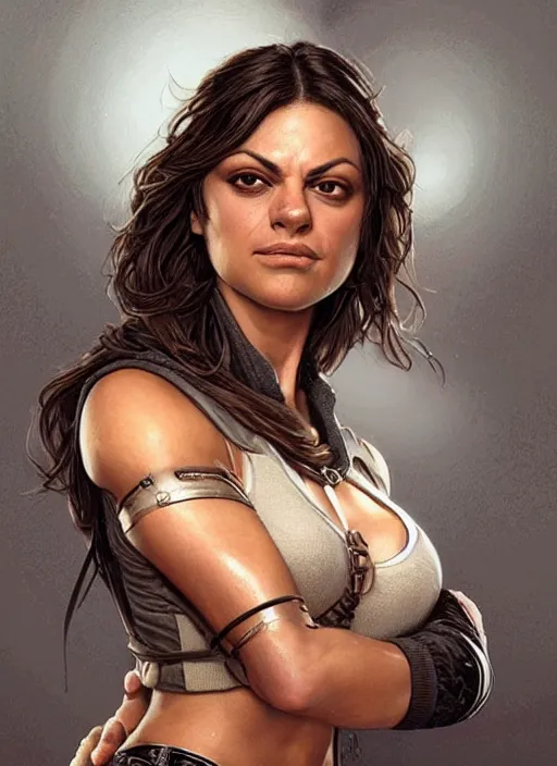 Image similar to muscled Mila Kunis grinning as a ruggedly handsome heroine, intricate, elegant, highly detailed, centered, artstation, concept art, smooth, sharp focus, illustration, bokeh art by artgerm and donato giancola and Joseph Christian Leyendecker, WLOP