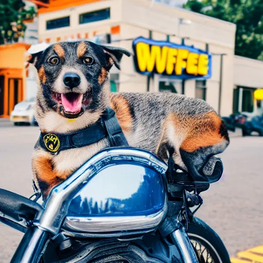 Image similar to blue heeler dog on a motorcycle, 8 k photography, blurred background of a wafflehouse