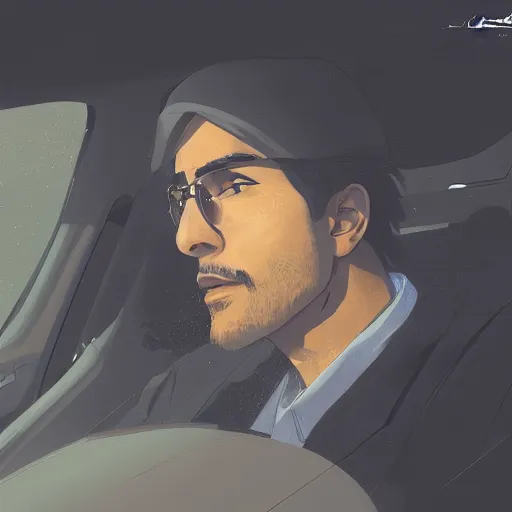 Prompt: saudi arab man smoking in a car, anime digital art in the style of greg rutkowski and craig mullins, 4 k