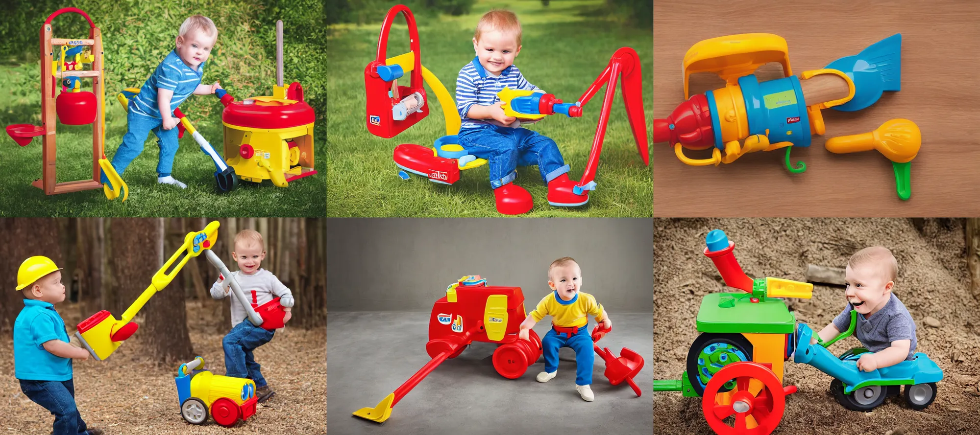 Prompt: product photography of fisher price's new procuct : the fisher price industrial woodchipper, child's toy