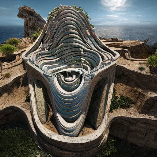 Image similar to a gigantic paleolothic torus made of stone with highly detailed carvings of intricate shamanic robotic electronics and circuitry, in a mediterranean lanscape, inside a valley overlooking the sea, in the style of michal karcz, mediterranean island scenery, mediterranean vista