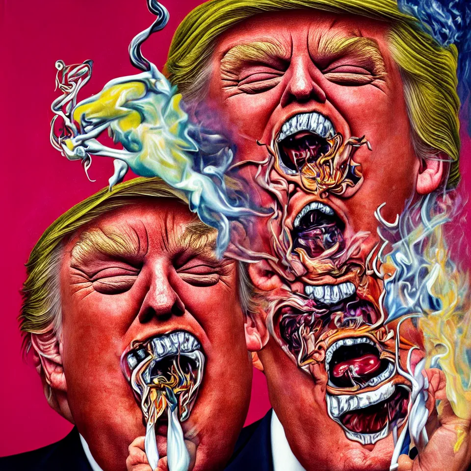 Prompt: weird and disturbing psychedelic donald trump smoking weed, laughing and screaming, ash burned on his face, horrible burns, diffuse lighting, fantasy, intricate, elegant, highly detailed, lifelike, photorealistic, oil painting, illustration, concept art, smooth, sharp focus, art by francis bacon