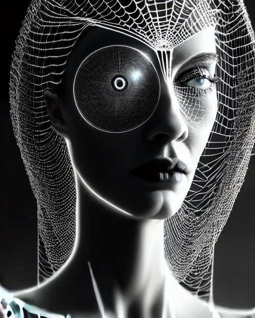 Image similar to black and white cyborg-plant goddess high quality portrait, artificial intelligence, bio-mechanical bio-luminescence, artificial spider web, neurons, nerve cells, octane render, cinematic, hyper realism, high detail, 8k, in the style of Steven Meisel and Dora Maar and H.G. Giger