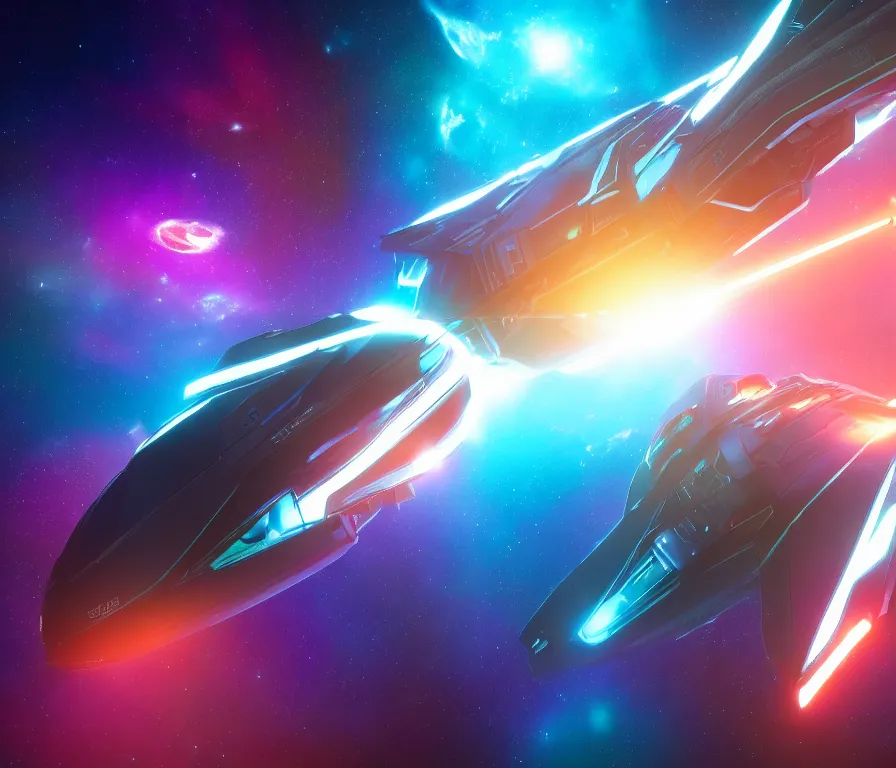Prompt: A super futuristic spaceship cruising through the galaxy . Colourful lighting. 8k. Cinematic