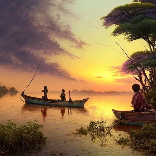 Prompt: an african boy with dreadlocks fishing on a steampunk longboat in a foggy pink lake at sunset by android jones and thomas kinkade, watercolor