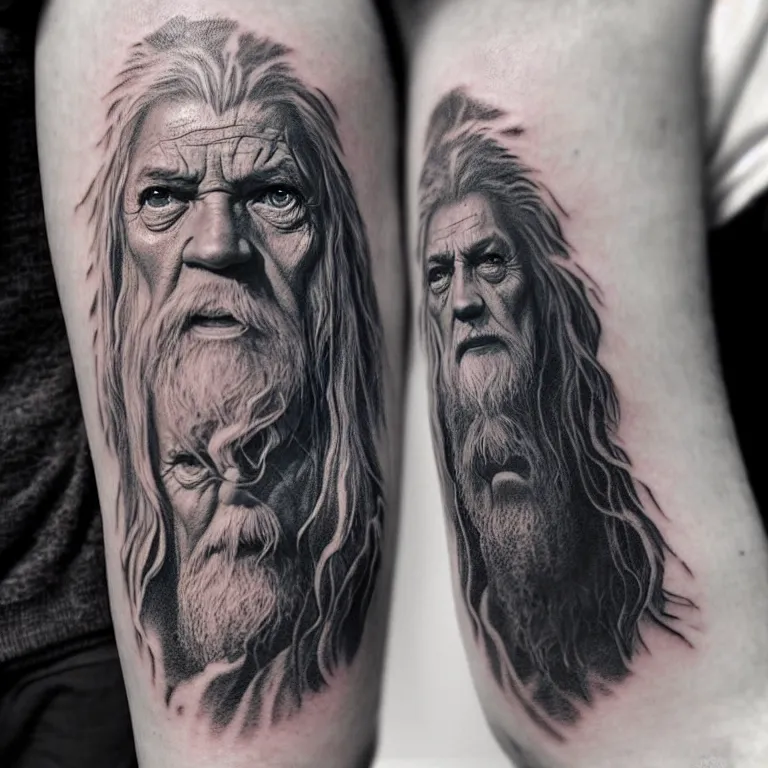 Image similar to lord of the rings black and white tattoo of gandalf by greg rutkowski