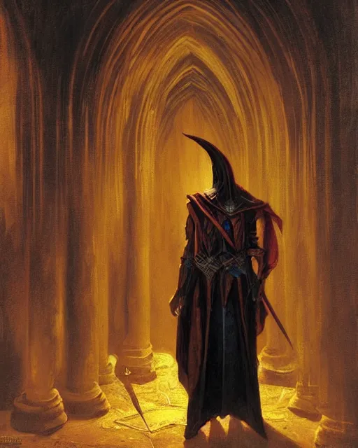 Image similar to A dark mage. He is wearing mage armor and a crown. He is frowning seriously. He is preparing to cast a dark spell. He is standing in a wizards room. Award winning oil painting by Thomas Cole and Wayne Barlowe. Highly detailed