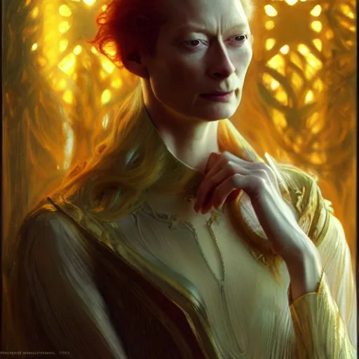 Image similar to young adult tilda swinton as lucifer morningstar, long blond hair, natural lighting, path traced, highly detailed, high quality, digital painting, by gaston bussiere, craig mullins, alphonse mucha j. c. leyendecker