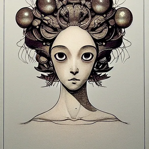 Image similar to prompt: Fragile looking vessel portrait face drawn by Katsuhiro Otomo, inspired by Carlo Dolci, magical and alchemical objects on the side, soft light, white background, intricate detail, intricate ink painting detail, sharp high detail, manga and anime 2000