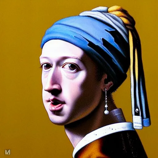 Image similar to mark zuckerberg with a Pearl Earring painted by Beksinski