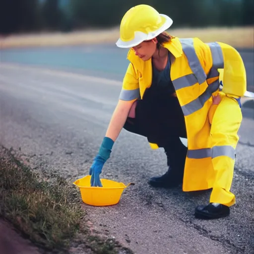 Image similar to photo, close up, emma watson in a hi vis vest picking up trash on the side of the interstate, portrait, kodak gold 2 0 0,