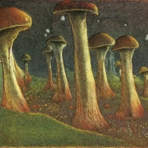 Image similar to a fairytale landscape with mushroom houses, in the style of John Bauer,