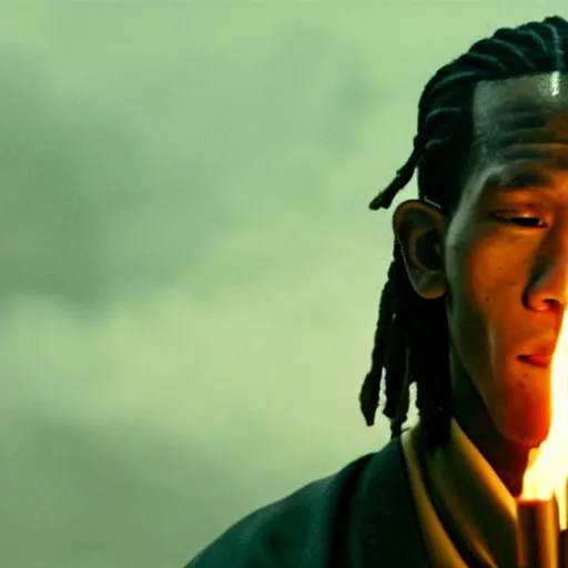 Image similar to cinematic film still of Young Thug starring as a Japanese Sensei with fire, Japanese CGI, VFX, 2003, 40mm lens, shallow depth of field, film photography