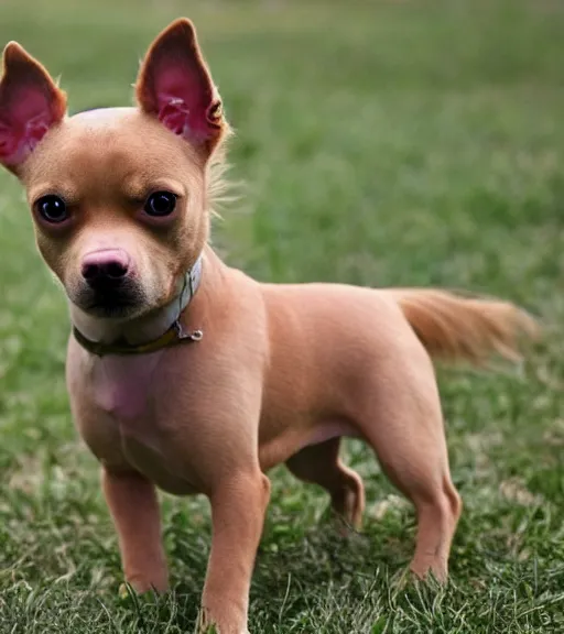 Image similar to fully grown tan pit bull, long - haired chihuahua, pomeranian mix