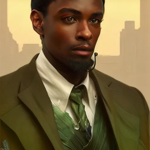 Prompt: portrait of a black leyendecker man with green trees in the background, devious, intricate, elegant, highly detailed, digital painting, artstation, concept art, smooth, sharp focus, illustration, art by artgerm and greg rutkowski and alphonse mucha and william - adolphe bouguereau