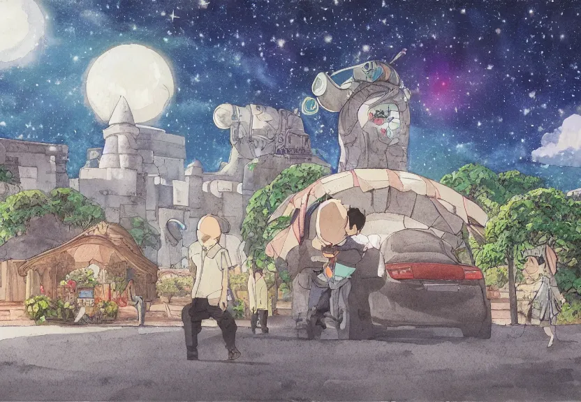 Prompt: a hyperrealist watercolor concept art from a studio ghibli film showing a giant grey chibi elephant. a temple is under construction in the background in india on a misty and starry night. by studio ghibli. very dull muted colors