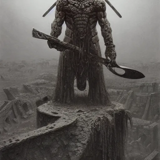 Image similar to a hyperdetailed painting of a dark executioner wielding a huge axe standing in the middle of an ancient ruined temple, by beksinski, wayne barlowe, adrian smith fantasy art, ruan jia, trending in artstation