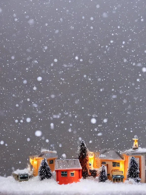 Prompt: snow globe diorama of tiny soviet residential building, lights are on in the windows, cozy atmosphere, fog, cold winter, snowing, streetlamps with orange volumetric light, birches