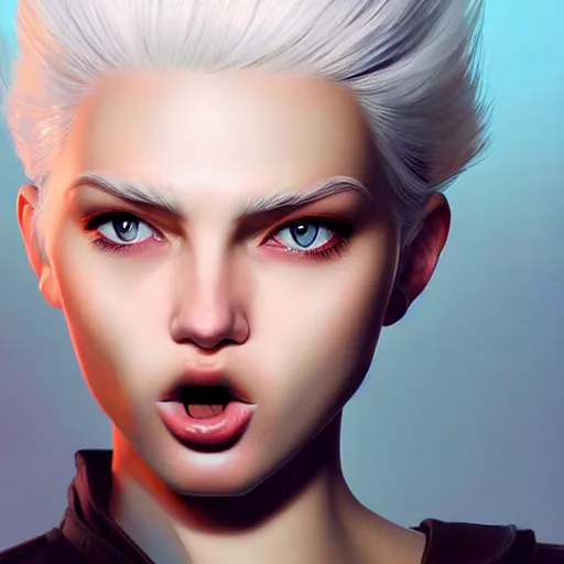 Prompt: longshot of a beautiful girl with white hair crossing her eyes and sticking her tongue out, slight smile, digital painting, concept art, sharp focus, illustration, au naturel, hyper detailed, digital art, trending in artstation, smooth render, bright colors, octane rendered, art by kuvshinov ilya h 6 4 0
