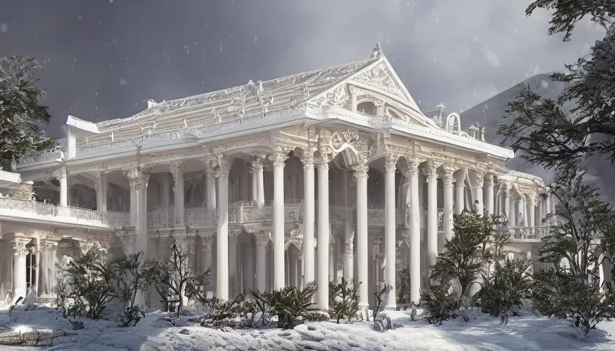 Prompt: Gorgeous white palace with big windows, gardens and columns built in the snowy mountains, hyperdetailed, artstation, cgsociety, 8k