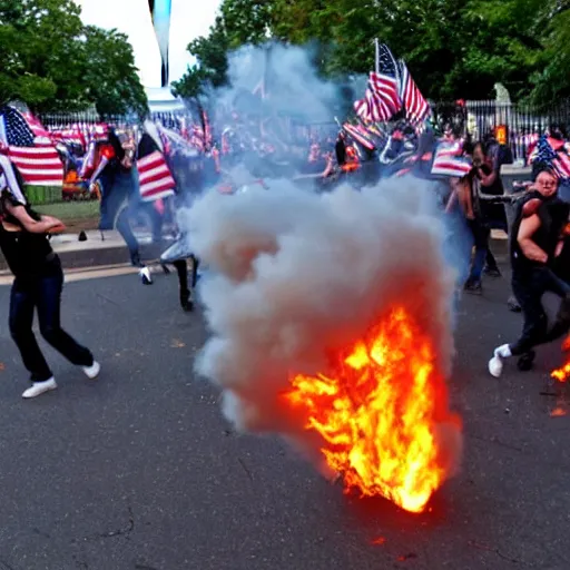 Image similar to a still ofewoks rioting in front of a the white house in washington.!!!, flaming torches and pitchforks
