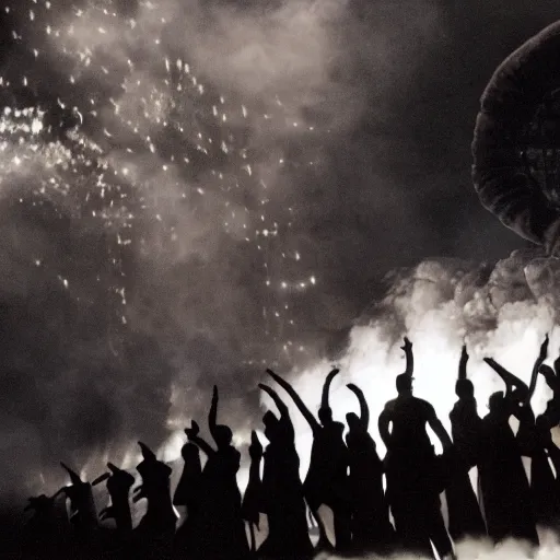 Image similar to award winning Production photo of the Hindenburg disaster the musical on broadway, dancing, singing, costumes by Julie Taymor, set design by Julie Taymor