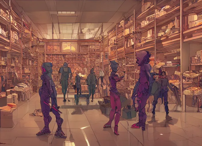 Prompt: large fancy showroom for products. sharp focus, cinematic pose, cinematic lighting, unreal engine render. art by josan gonzales and moebius and deathburger.