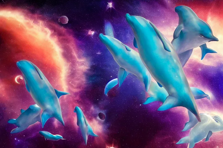 Prompt: a group of cosmic dolphins jumping out of a ocean in the cosmos in space, epic composition, 4 k