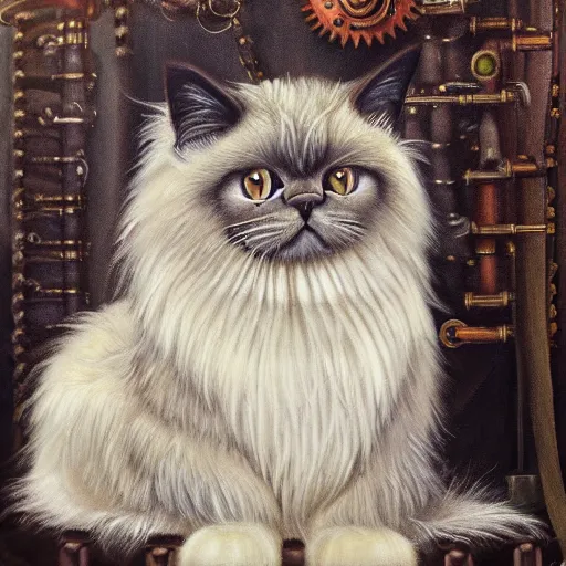 Image similar to anthromorphic fluffy himalayan cat dressed in steampunk clothing, detailed 4 k oil painting