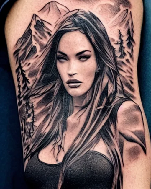 Image similar to creative double exposure effect tattoo design sketch of megan fox faded with beautiful mountain scenery, realism tattoo, in the style of matteo pasqualin, amazing detail, sharp