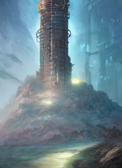 Image similar to A beautiful digital painting of a science fiction tower, crystal lake, by Stanley Artgerm Lau, Rossdraws, James Jean, gerald brom, Andrei Riabovitchev, Marc Simonetti, and Sakimichan, trending on artstation