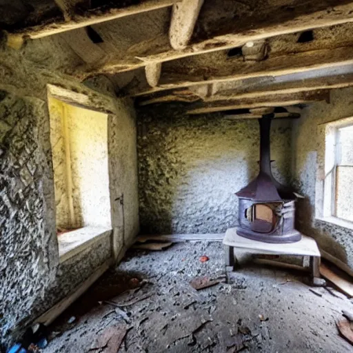 Prompt: inside an abandoned irish cottage