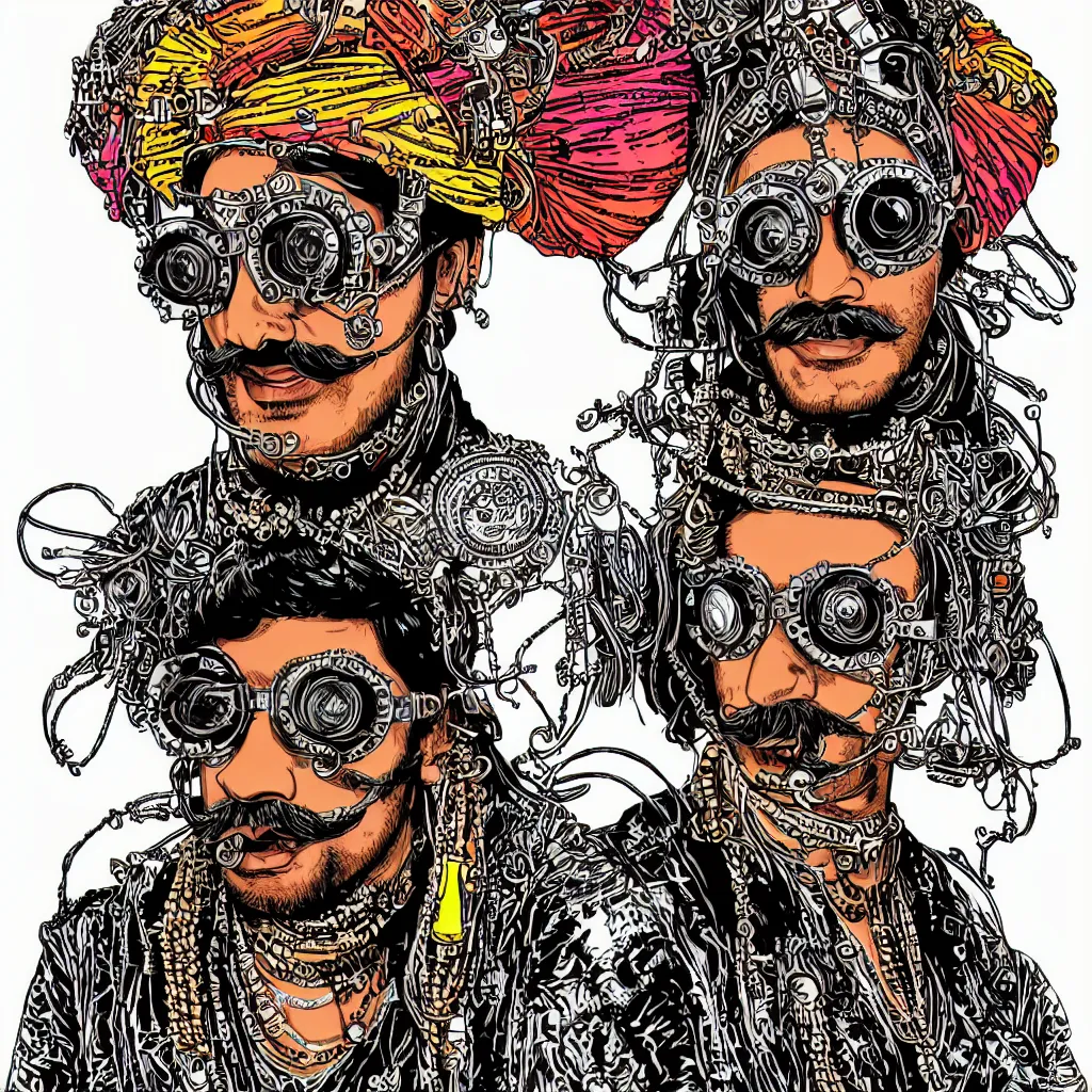 Image similar to face portrait of an indian man with long neon moustache rajasthani pagdi wearing madmax style steampunk goggles and steampunk jewelry, art by butcher billy, sticker, colorful, illustration, highly detailed, simple, smooth and clean vector curves, no jagged lines, vector art, smooth