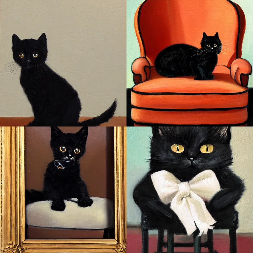 Prompt: oil painting of an extremely tiny black kitten wearing a frilly collar on a very large armchair by Vanessa Stockard