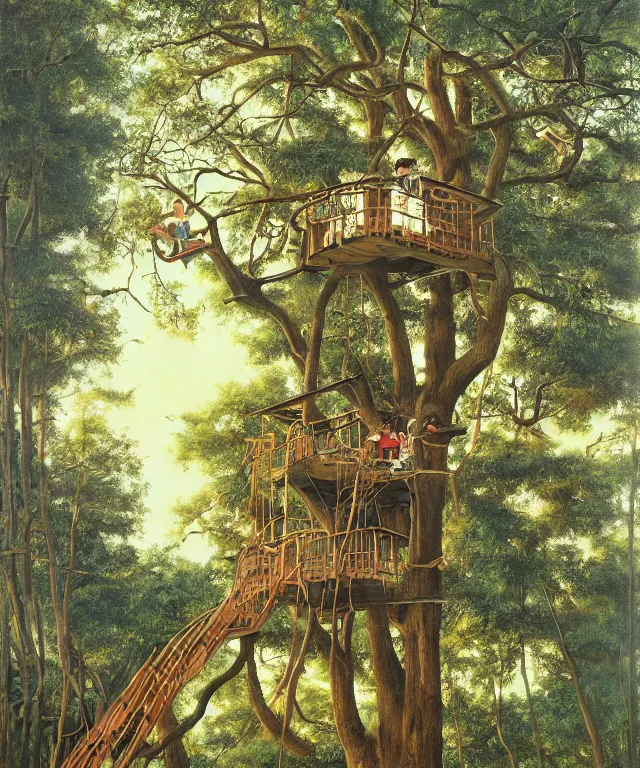 Image similar to masterful oil on canvas painting, eye - level view, shot from 5 0 feet distance, of a kid playing in a treehouse. in the background is a whimsical sparse forest. golden hour, detailed, depth, volume, chiaroscuro, quiet intensity, vivid color palette. by tex avery and gerald brom