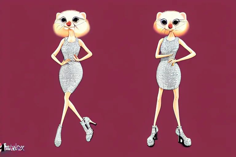 Prompt: detailed illustration flat 2 d : female ferret character : wearing diamonds : wearing silver showgirl sequins dress : head legs shoes : lorax movie : artstation