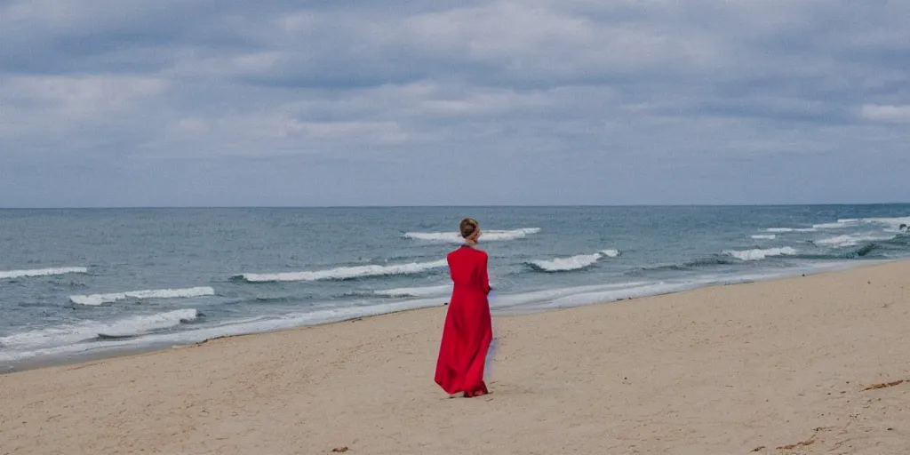 Prompt: a woman wearing a white dress standing on a beach in Denmark, in the style of Peder Severin