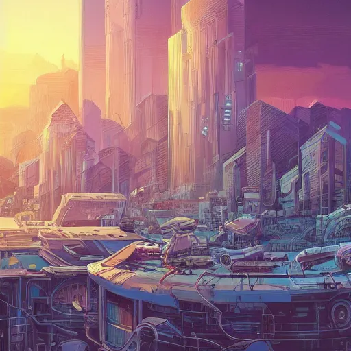 Prompt: beautiful matte painting of the future by Dan Mumford and Oliver Bonhomme, trending on Artstation , featured on behance, intricate, rectilinear, isometric, digital art.
