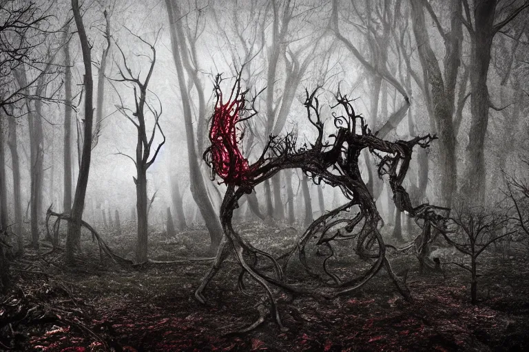 Prompt: giger borg ruins over run with forest, crazy twisted twisting spooky trees wrapping branches, bleeding mist fog midnight colors!, giger background liminal void, digital art, cinematic lighting, realistic, award winning photograph, various refining methods, micro macro autofocus