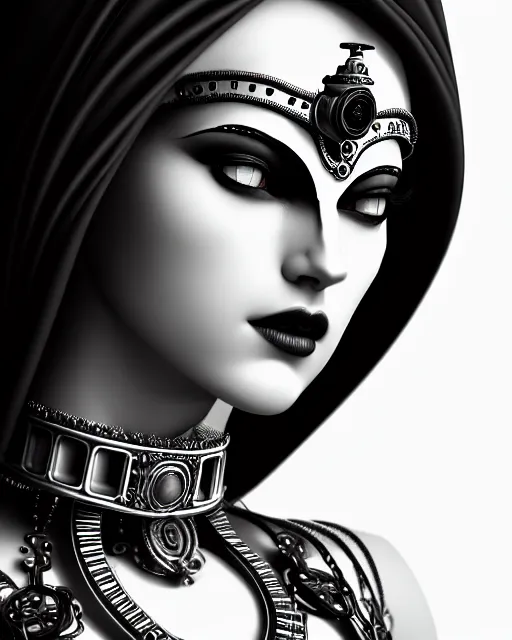 Image similar to black and white side portrait ultra detailed, beautiful female android with steampunk mechanical detailed ornate face, crown, deity, sharp focus, highly detailed global illumination, concept art. 8 k