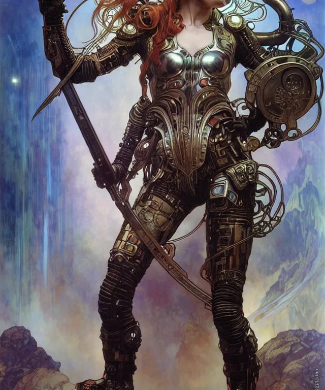 Prompt: realistic detailed portrait with great dynamic pose of a beautiful futuristic viking warrior in alien cyberpunk armor by alphonse mucha, ayami kojima, amano, greg hildebrandt, and mark brooks, female, feminine, art nouveau, cyberpunk, neo - gothic, gothic, character concept design