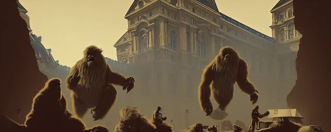 Image similar to duotone noir concept illustration 3 / 4 portrait of yeti and bigfoot visiting louvre museum. cinematic scene. vlumetric lighting. golden rario accidental renaissance. by sachin teng and sergey kolesov and ruan jia and heng z. graffiti art, scifi, fantasy, hyper detailed. octane render. concept art. trending on artstation