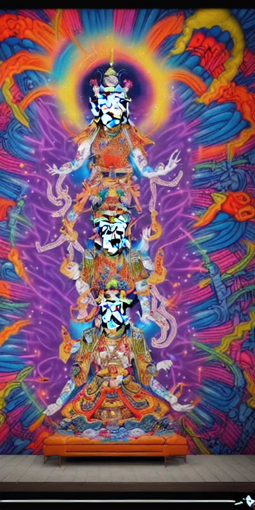 Prompt: epic graffiti mural of a 1000 armed Quan Yin deity, colorful and dynamic in the style of Hownosm and James Jean, ultimate collab, epic, unreal engine 5, coming to life popping out of the wall 3d,