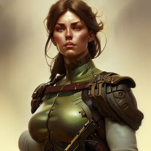 Image similar to female soldier, muscular upper body, D&D, fantasy, intricate, elegant, highly detailed, digital painting, artstation, concept art, smooth, sharp focus, illustration, art by artgerm and greg rutkowski and alphonse mucha